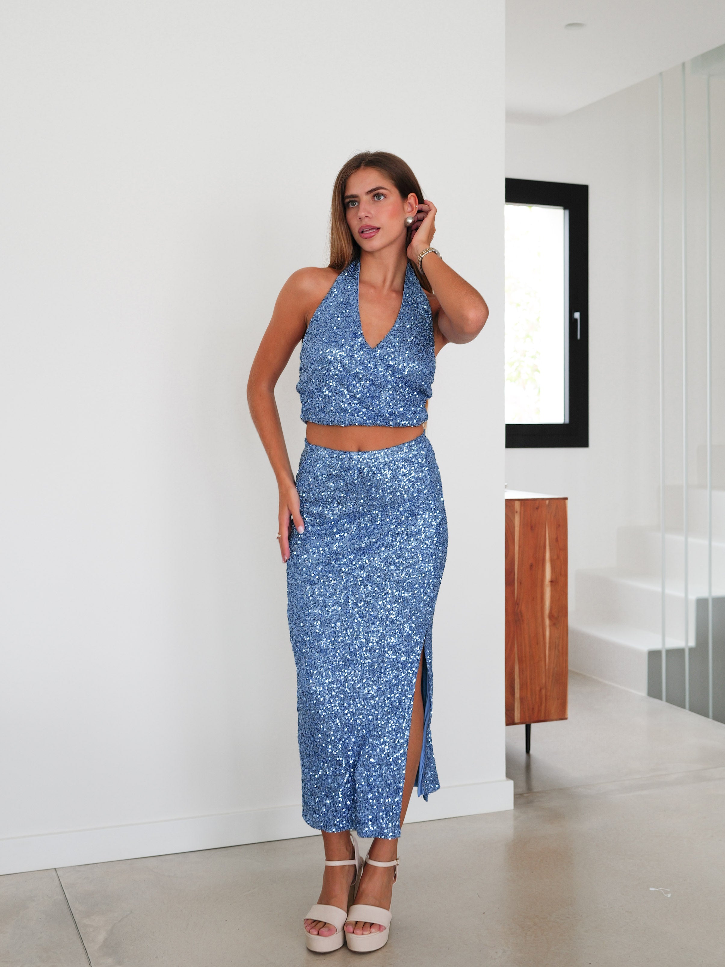 Falda glitter midi azul