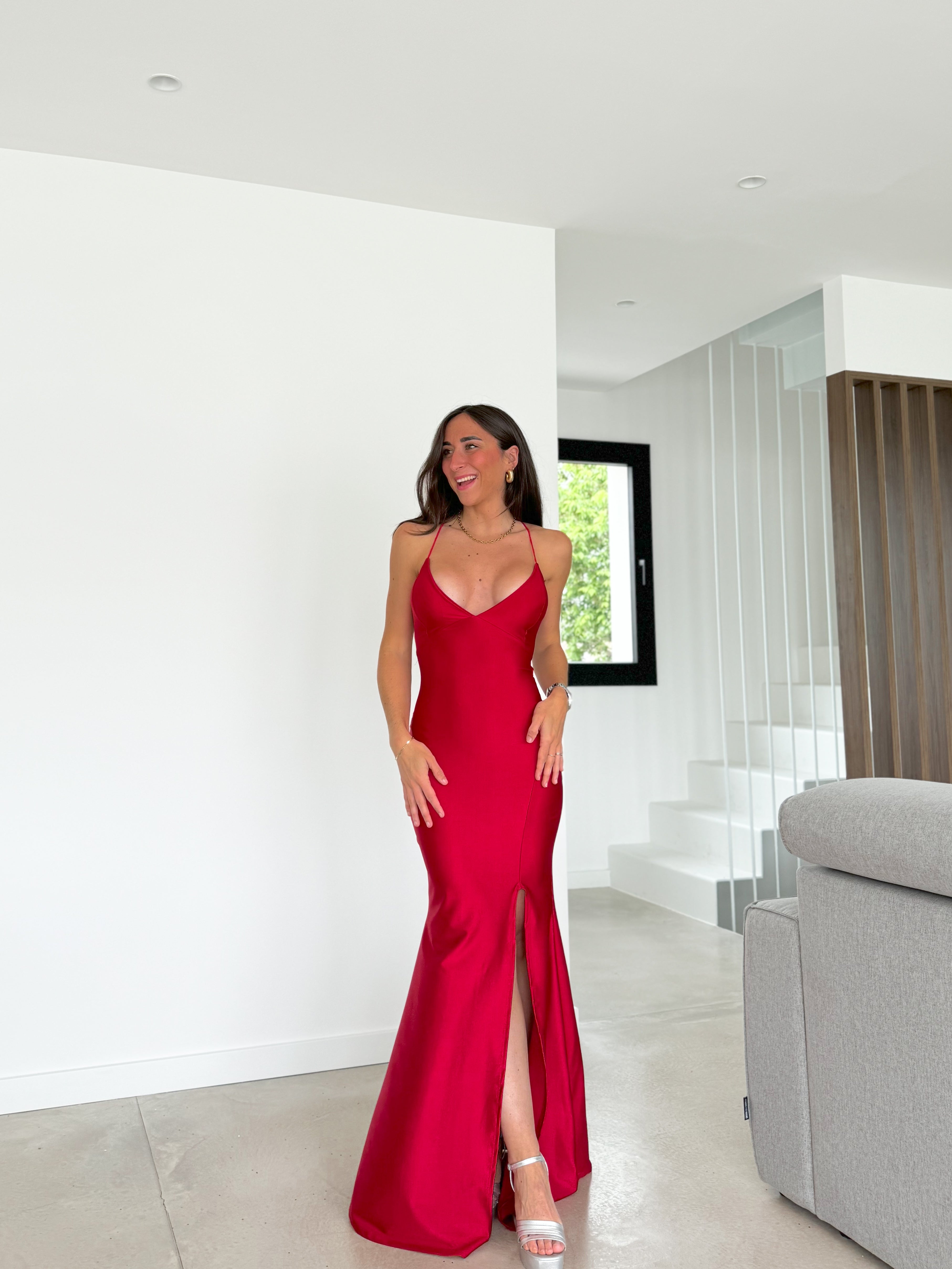 Vestido pico satin entrelazado rojo