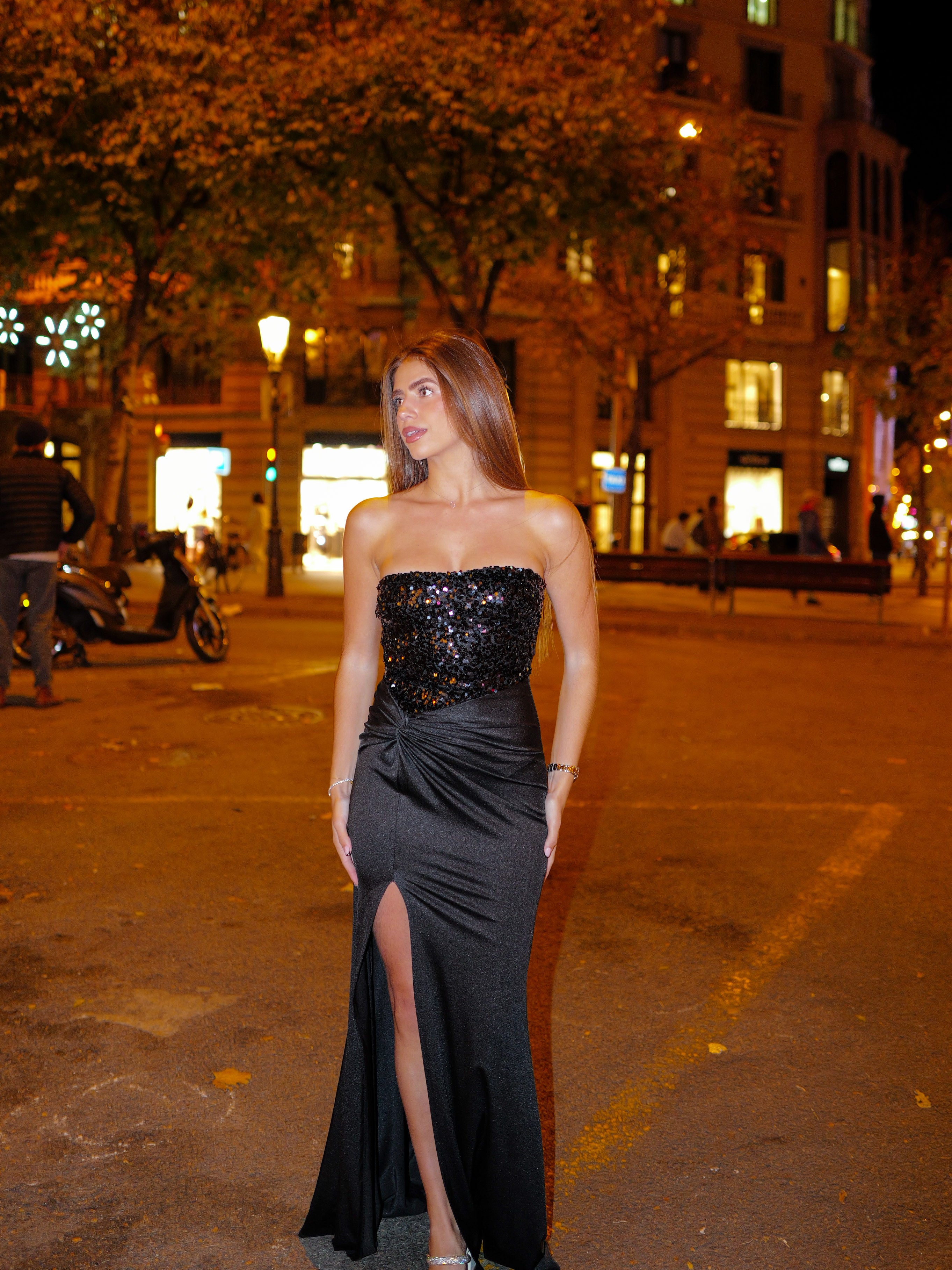 Vestido largo palabra corsé lentejuelas negro