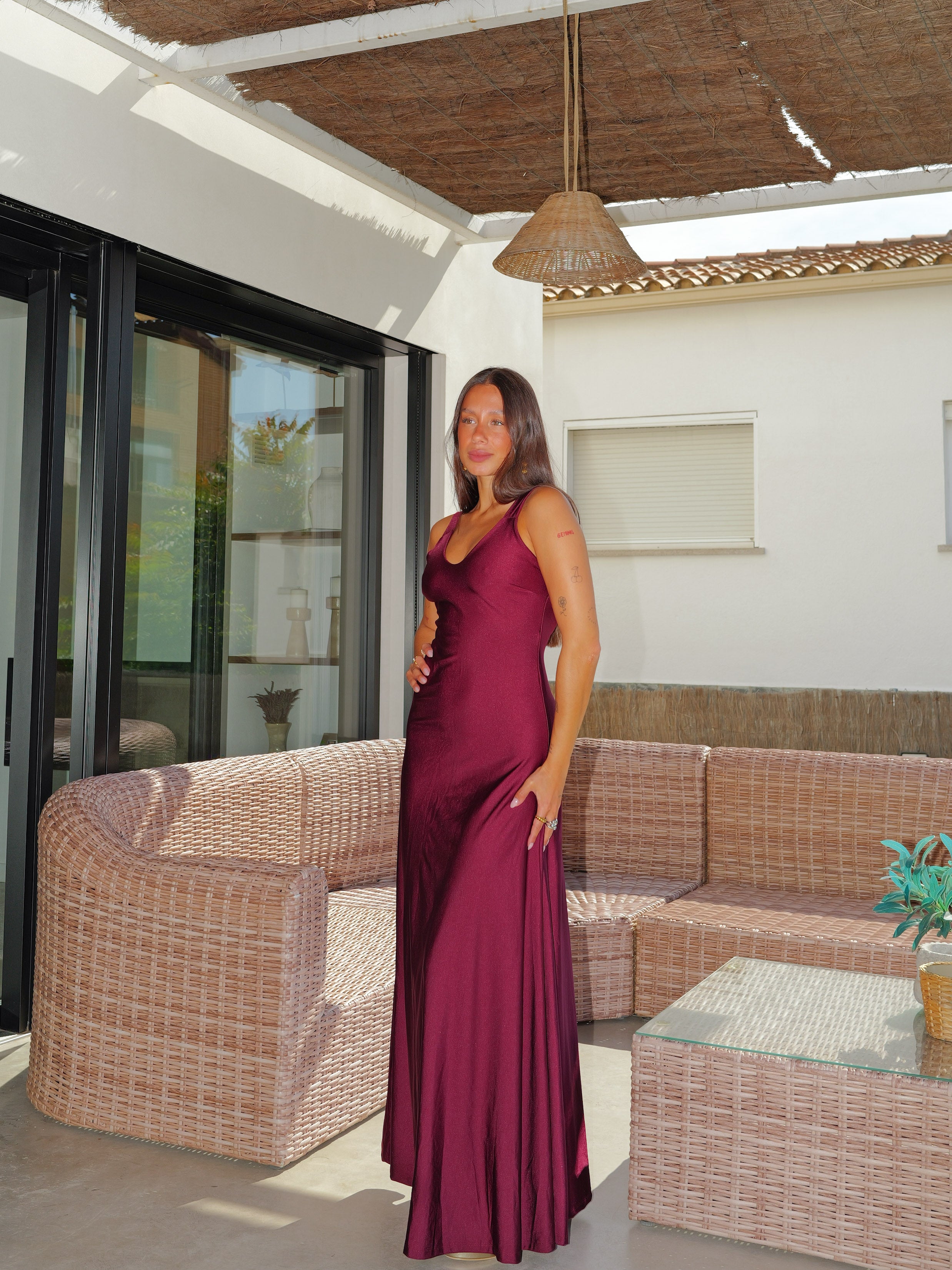 Burgundy cross-back flared dress
