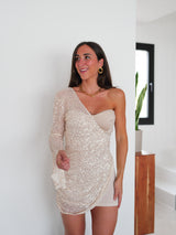 Vestido mini asim corsé glitter beige