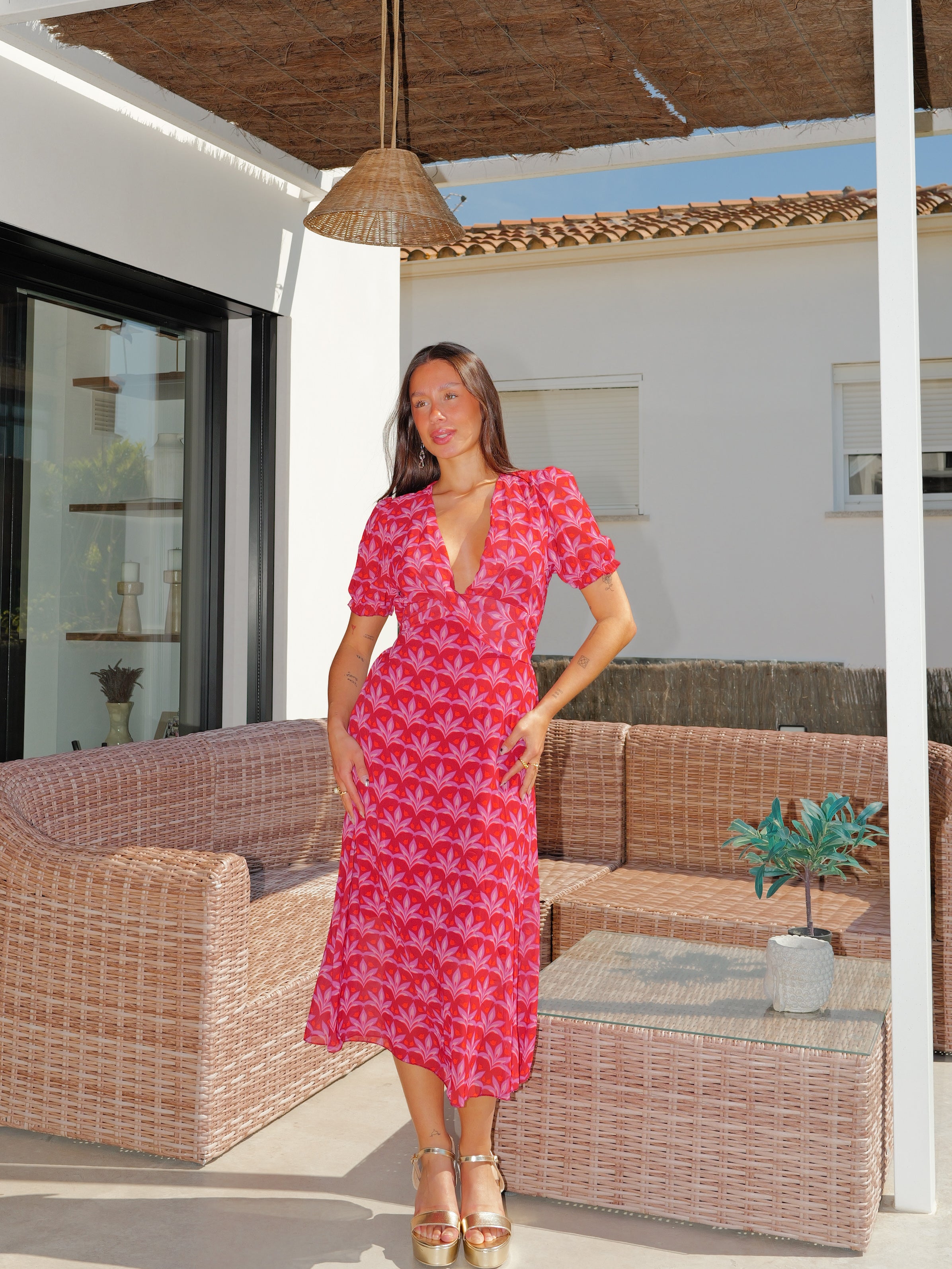 Midi wrap dress with printed sleeves