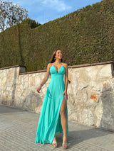 Vestido crepe pico turquesa