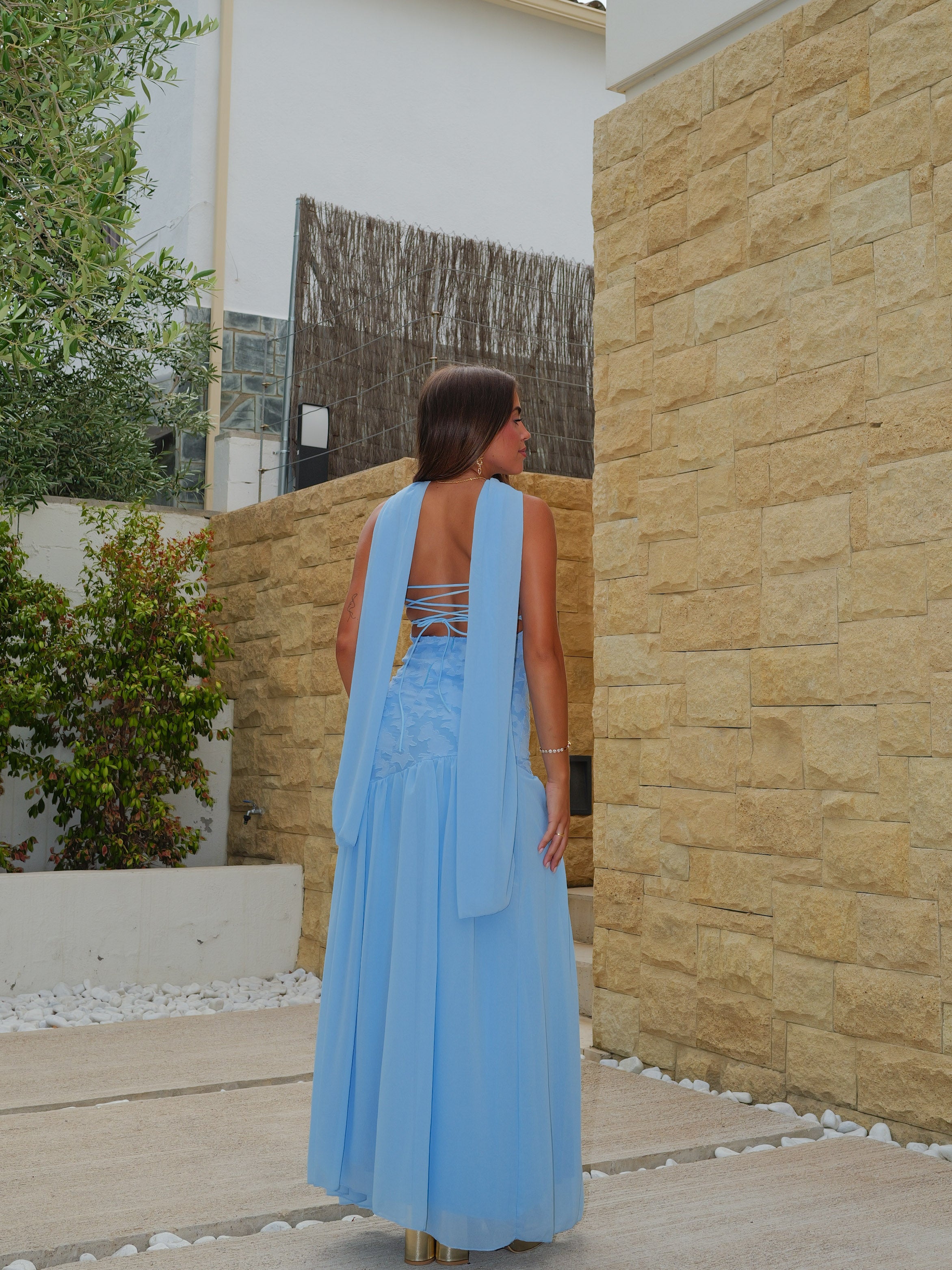 Vestido palabra asim textura celeste