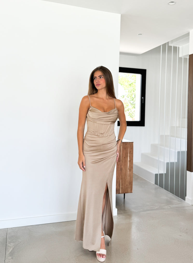 Vestido largo corse satinado taupe