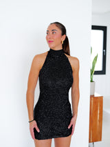 Vestido mini textura halter negro