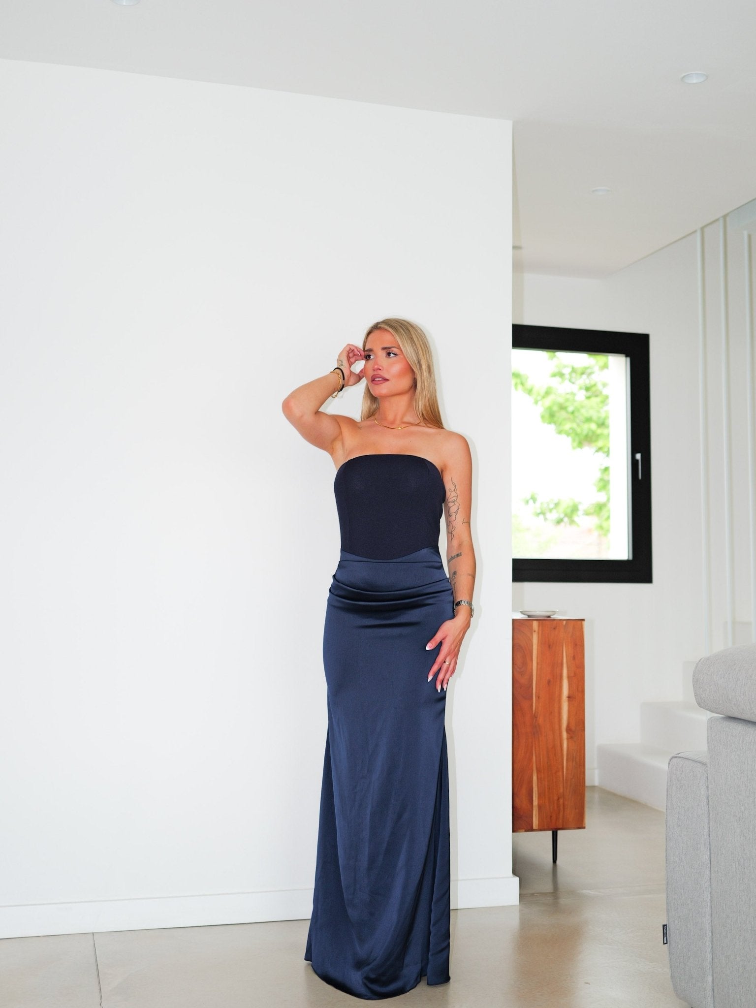 Vestido palabra ajustado raso marino - SORELLAS