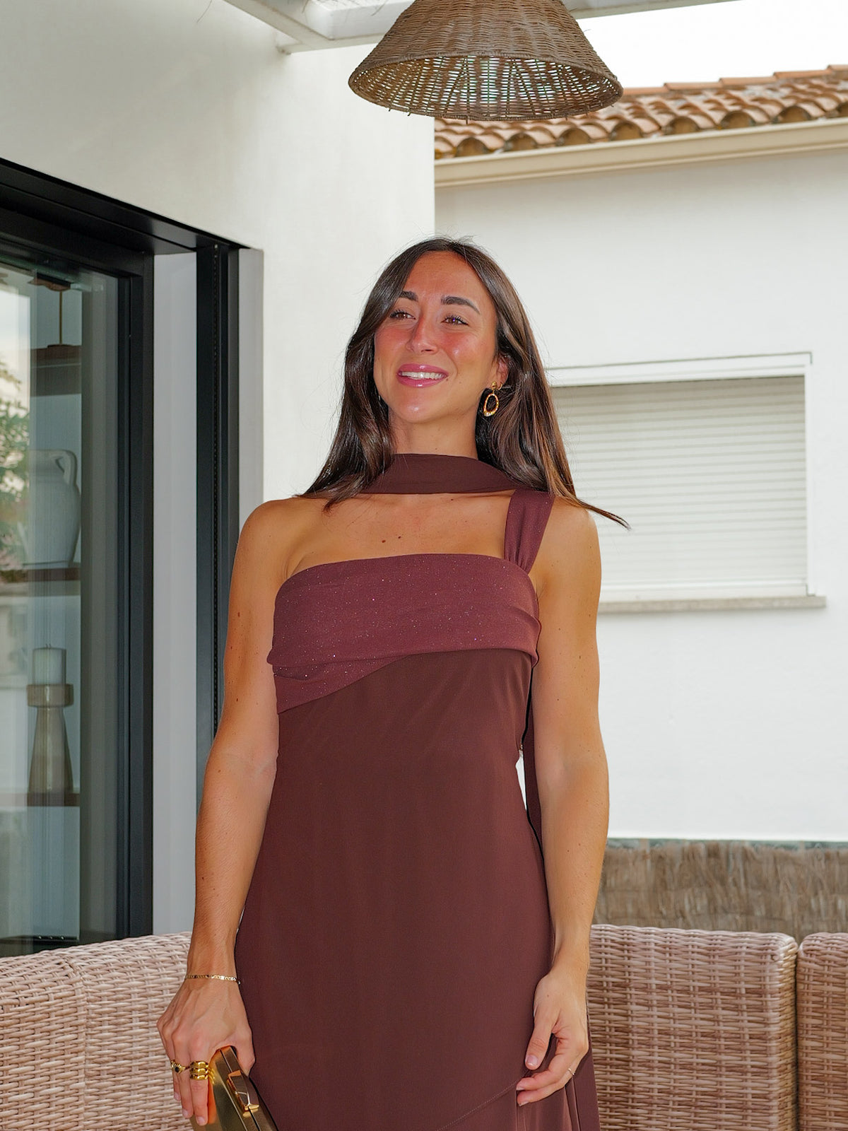 Vestido largo volantes escote lurex chocolate