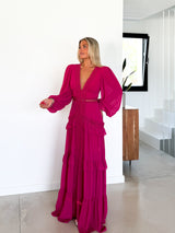 Vestido pico bordado fucsia