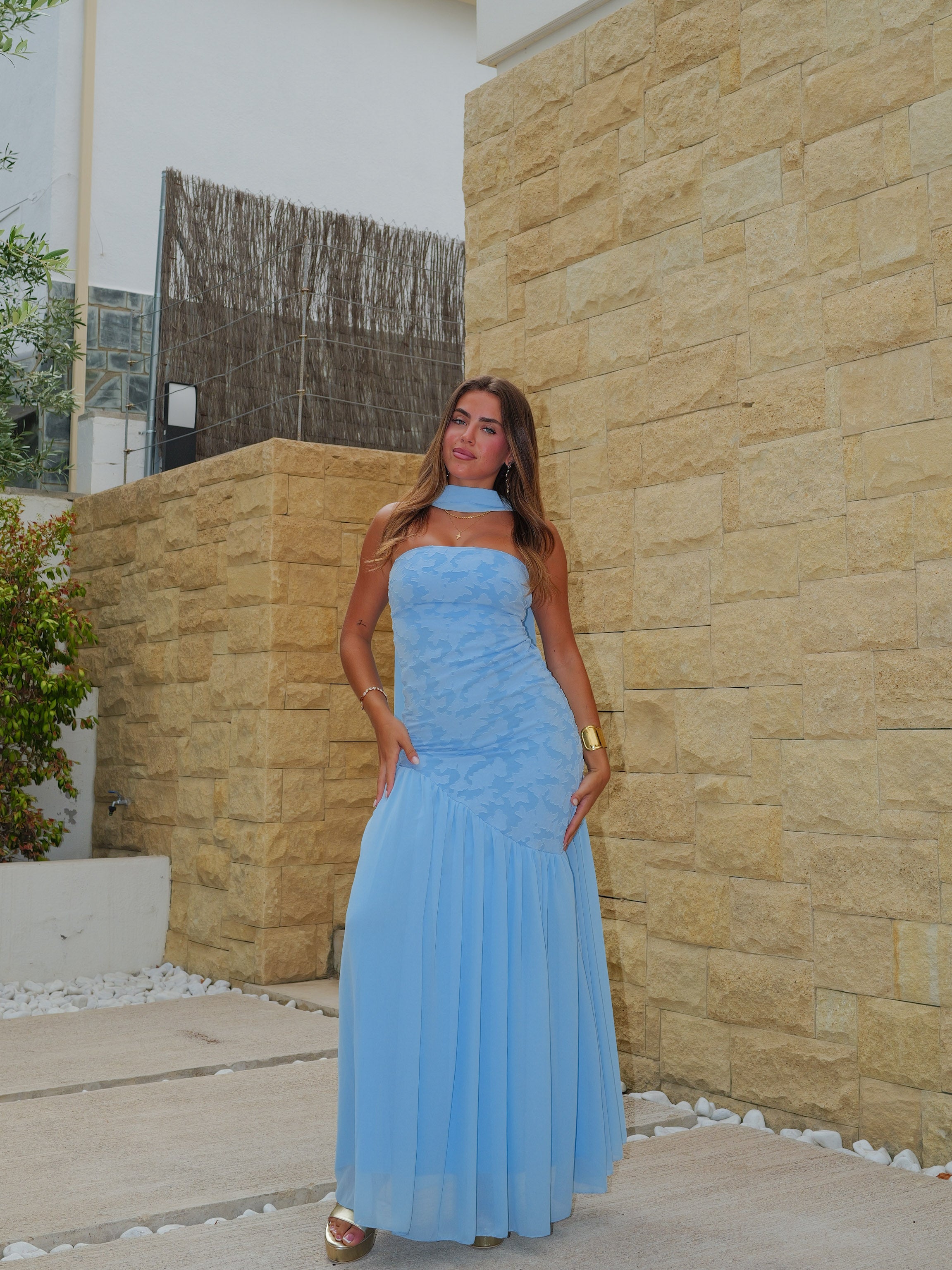 Vestido palabra asim textura celeste