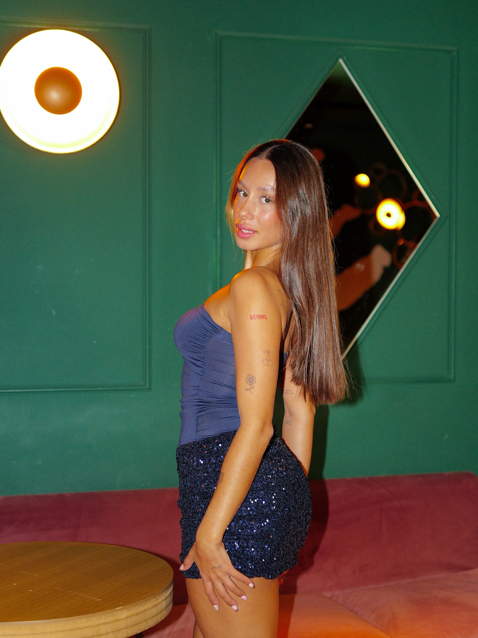 Vestido mini palabra falda glitter marino