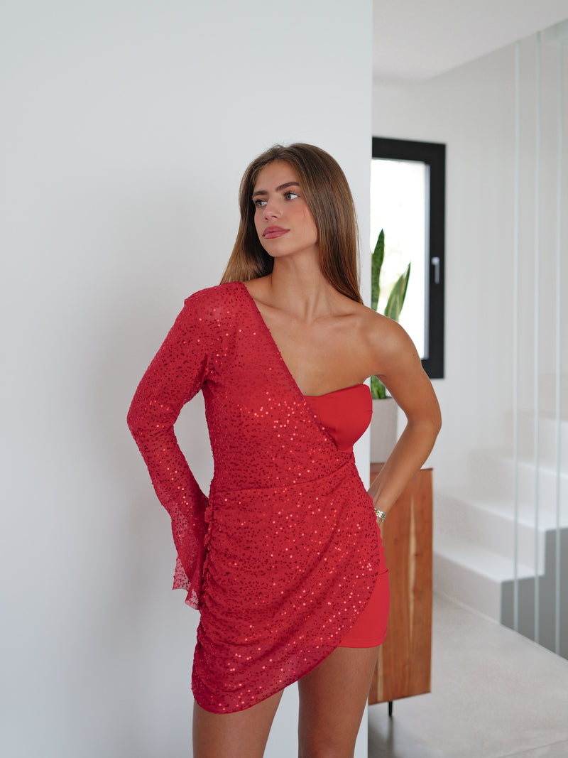 Vestido mini asim corsé glitter rojo