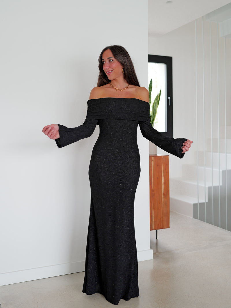 Vestido largo bardot lurex negro