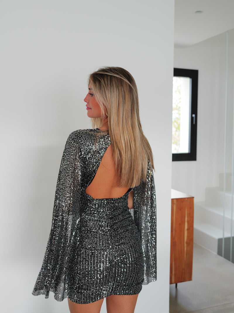 Vestido glitter mangas plateado