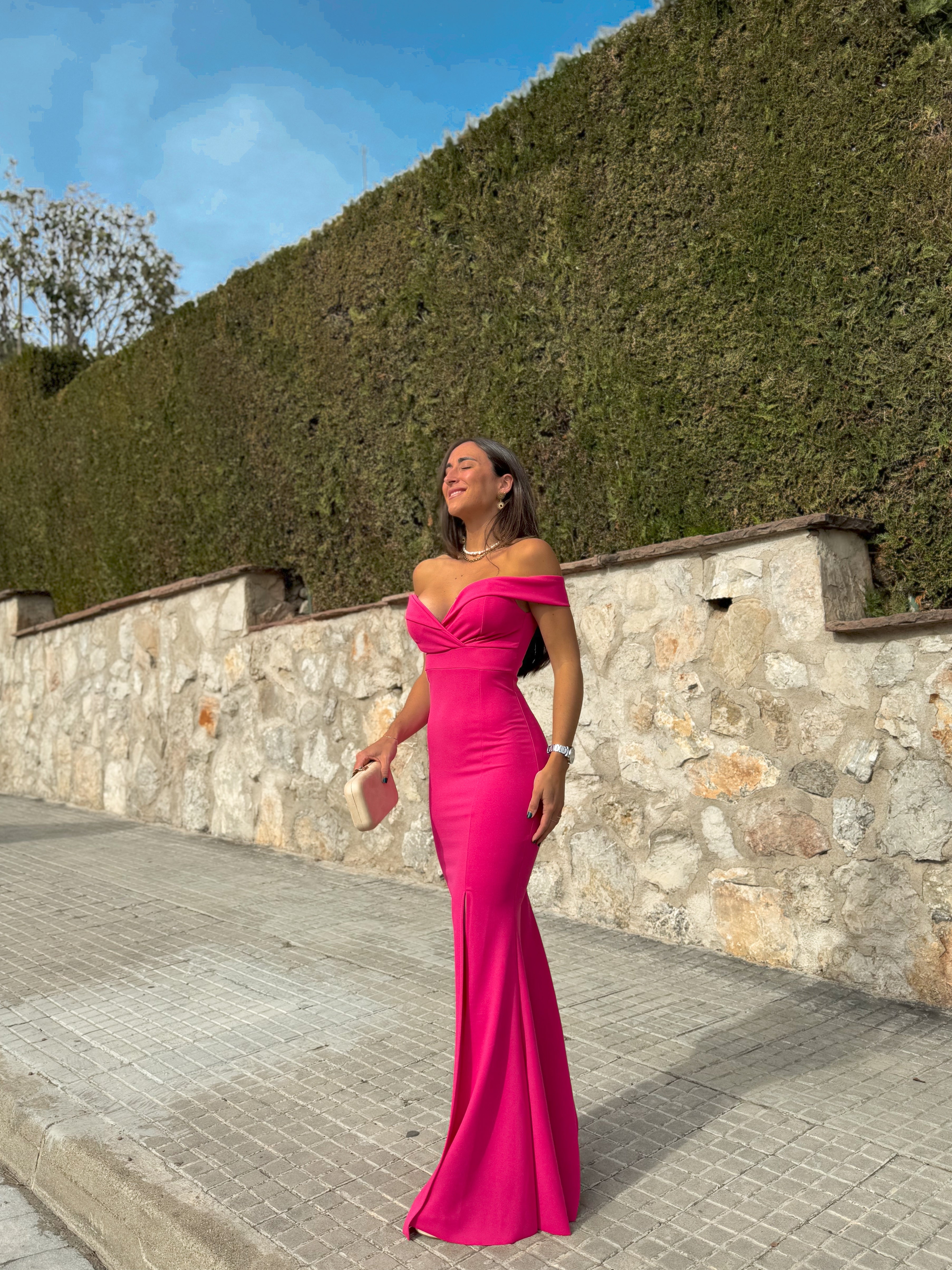 Vestido barco sirena fucsia