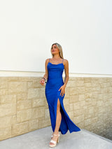 Vestido largo corse satinado azul