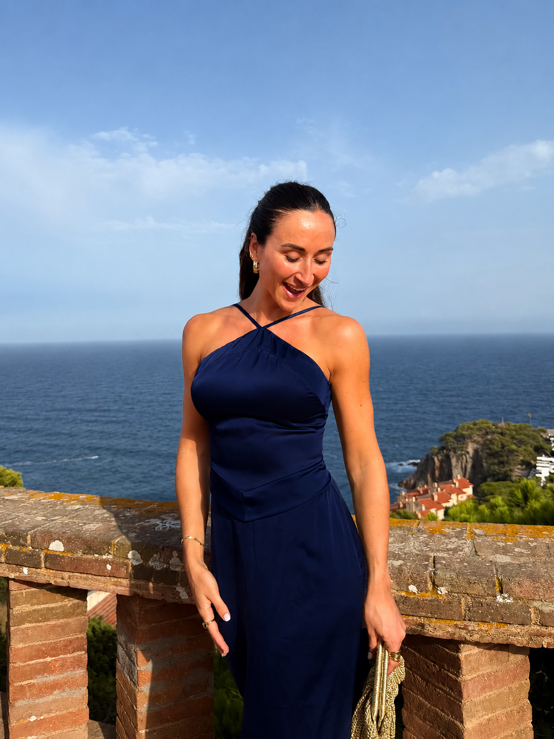 Vestido halter raso marino