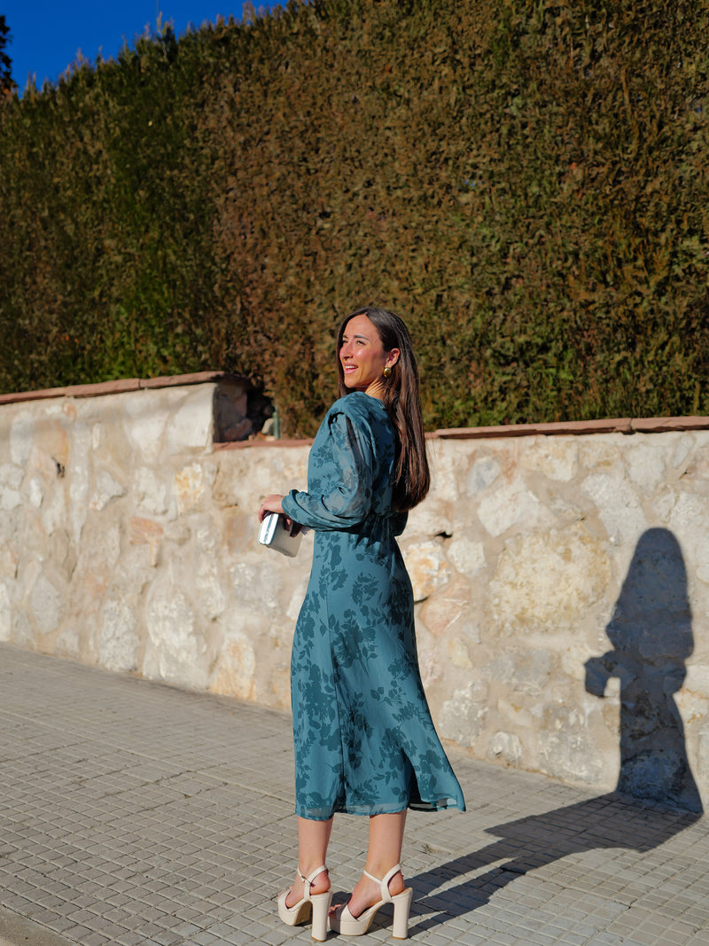 Vestido midi hombreras petróleo