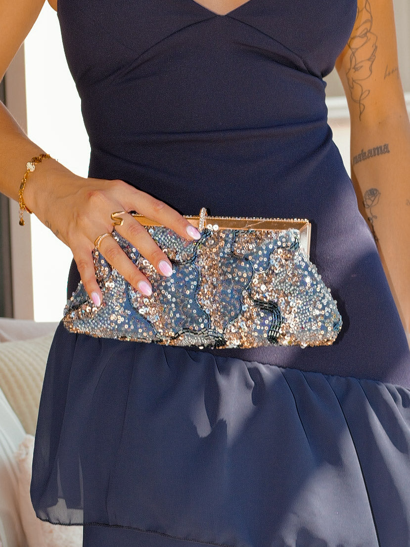Clutch bombonera lentejuelas marino