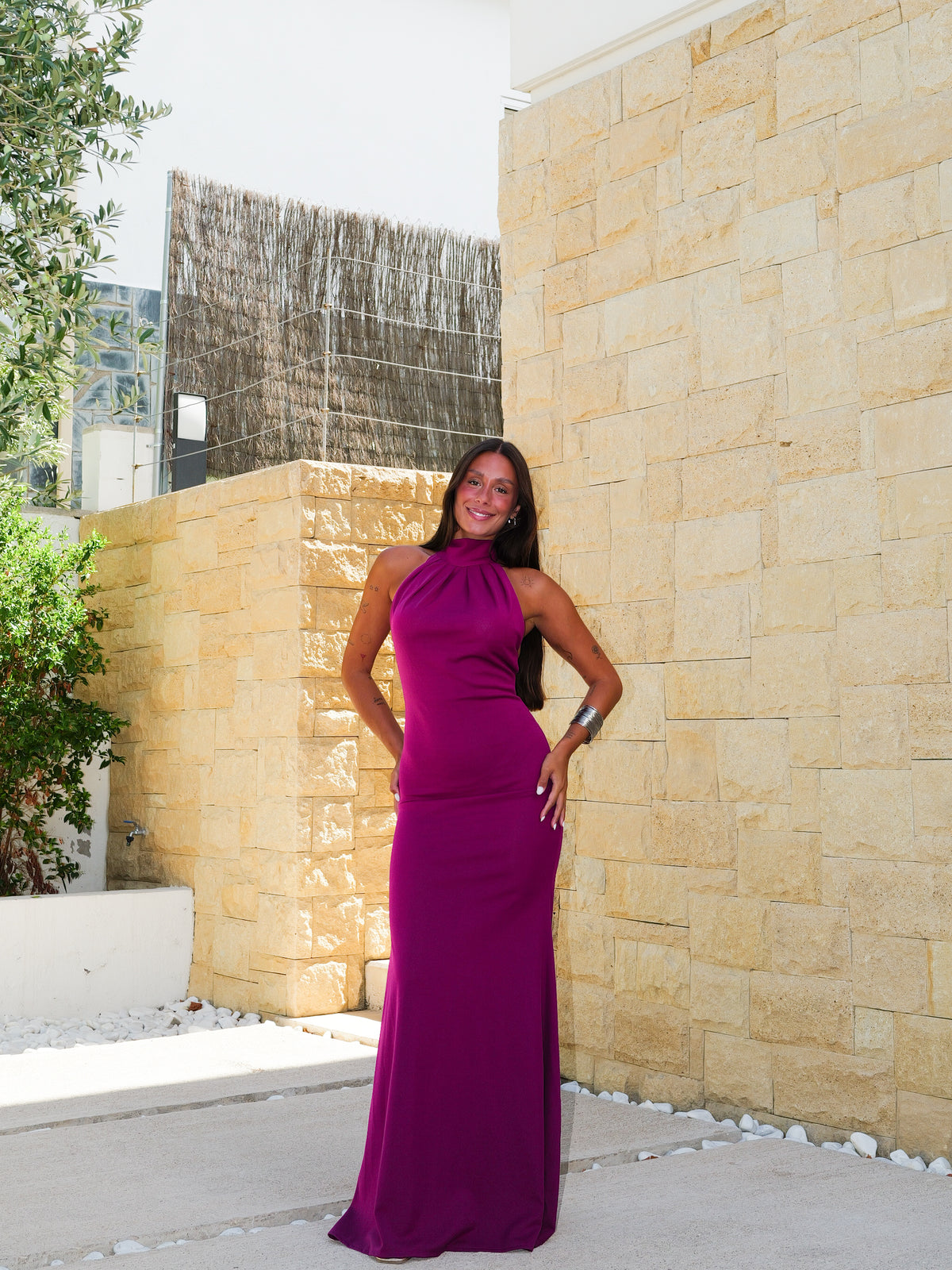 Vestido largo halter lazado amarena