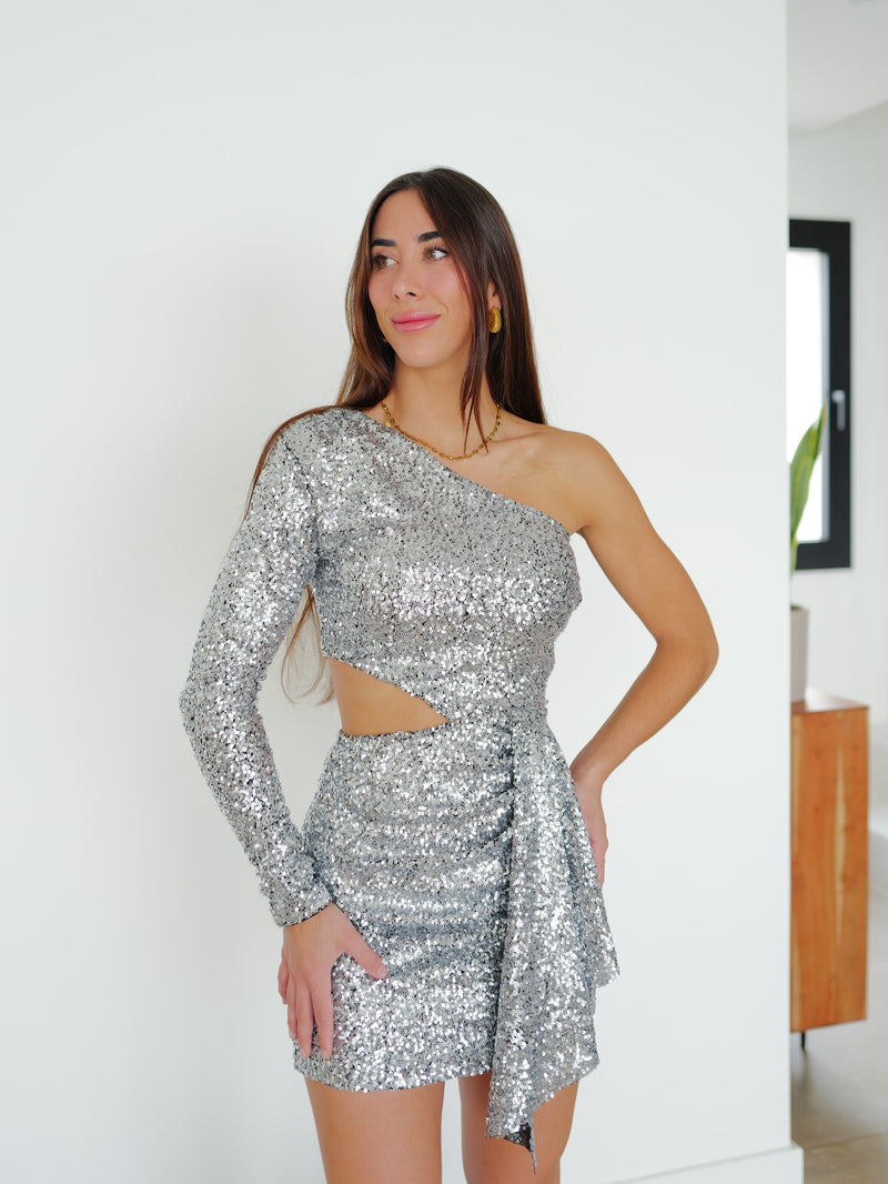 Vestido glitter asim volante plata