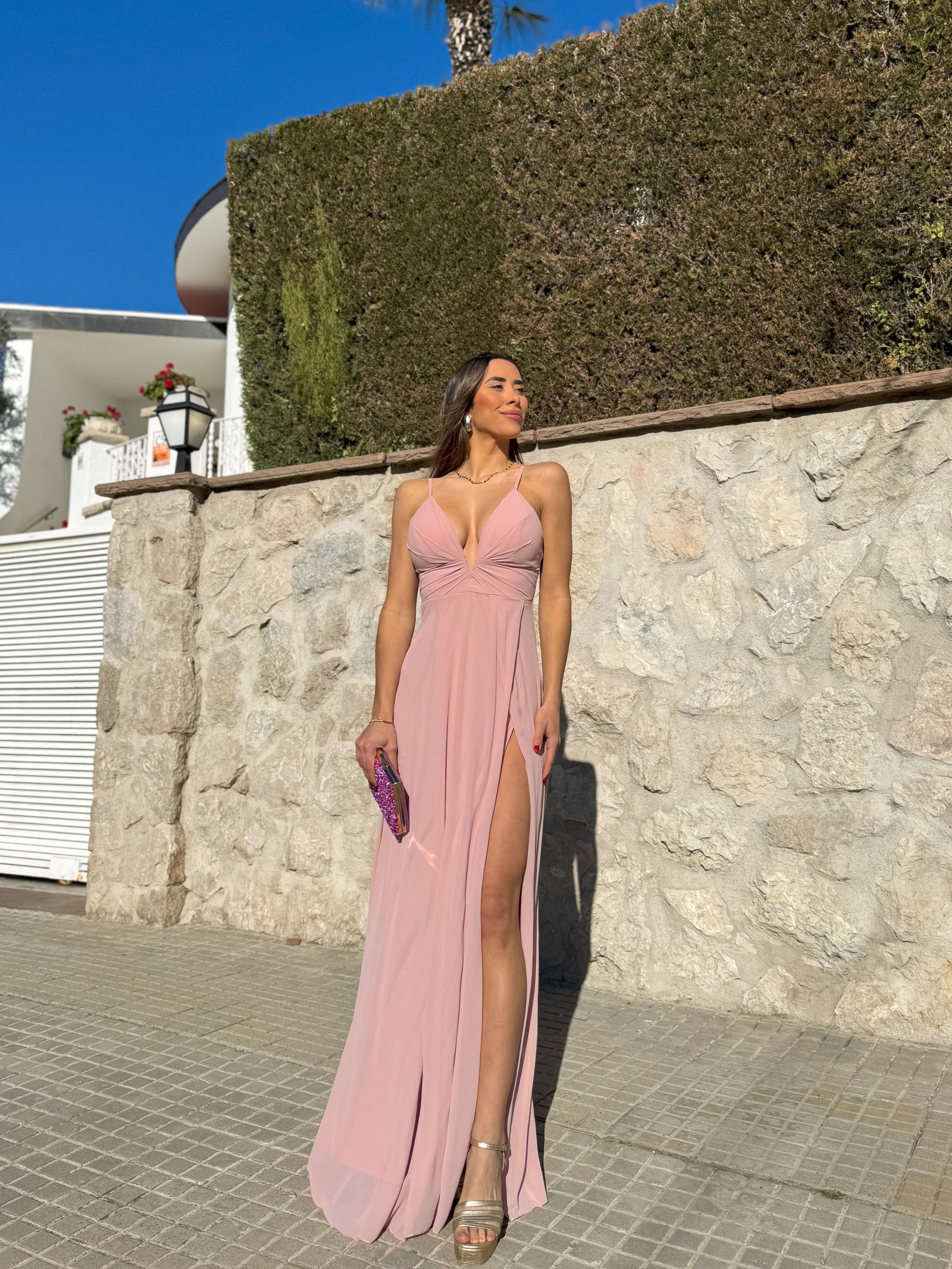 Vestido crepe pico rosado