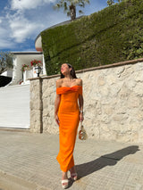 Vestido midi bardot tulle naranja