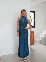 Vestido lurex halter ovalo azul