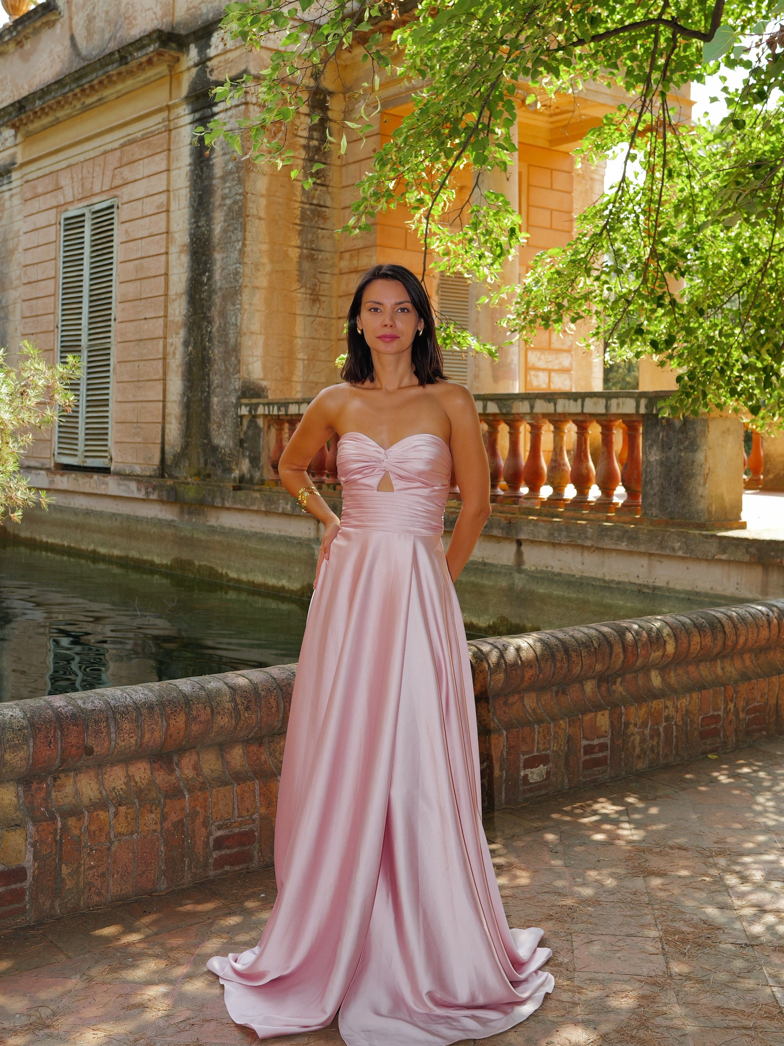 Vestido corsé tablas nudo rosa