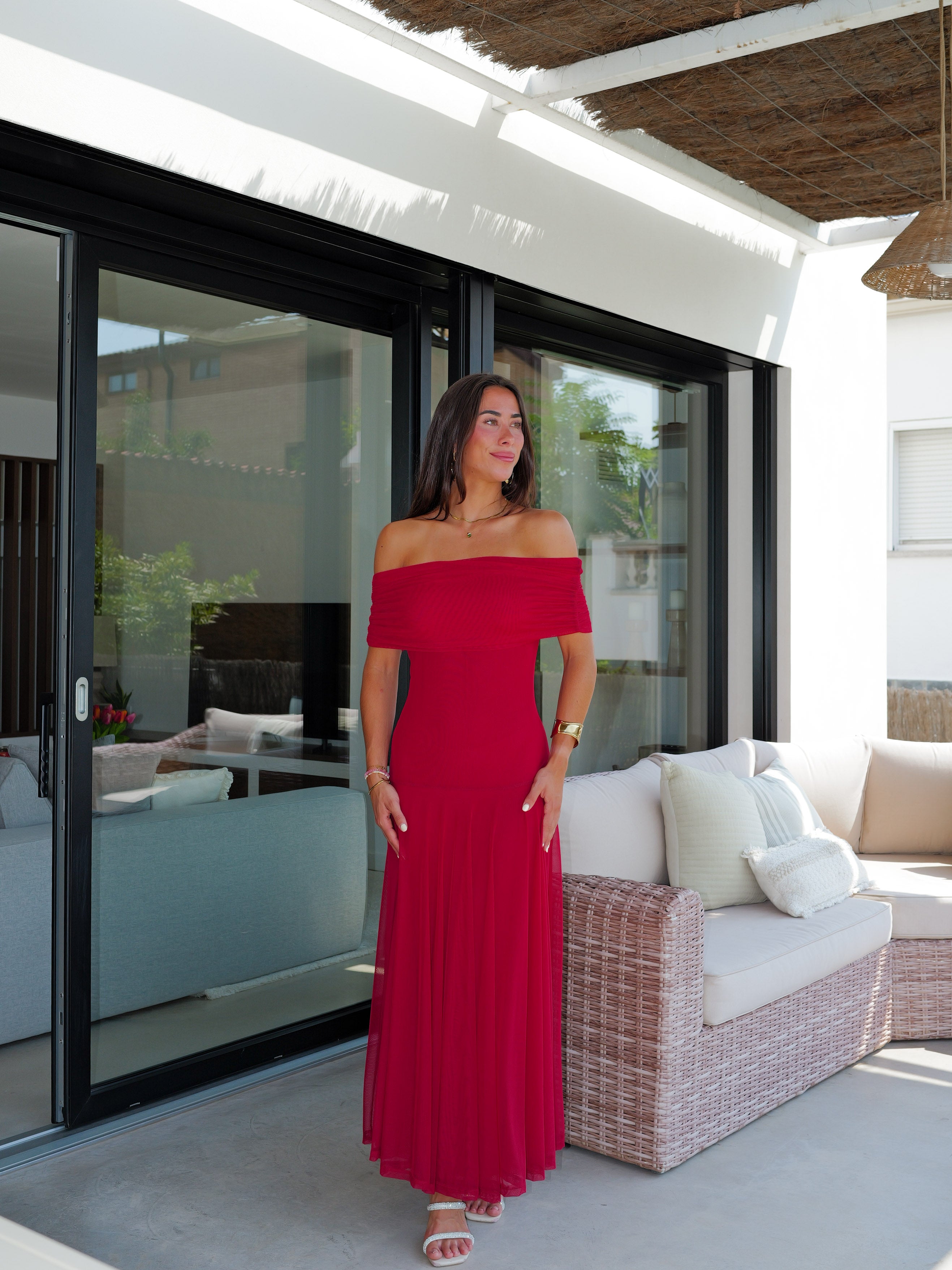 Abito midi svasato in tulle color vino