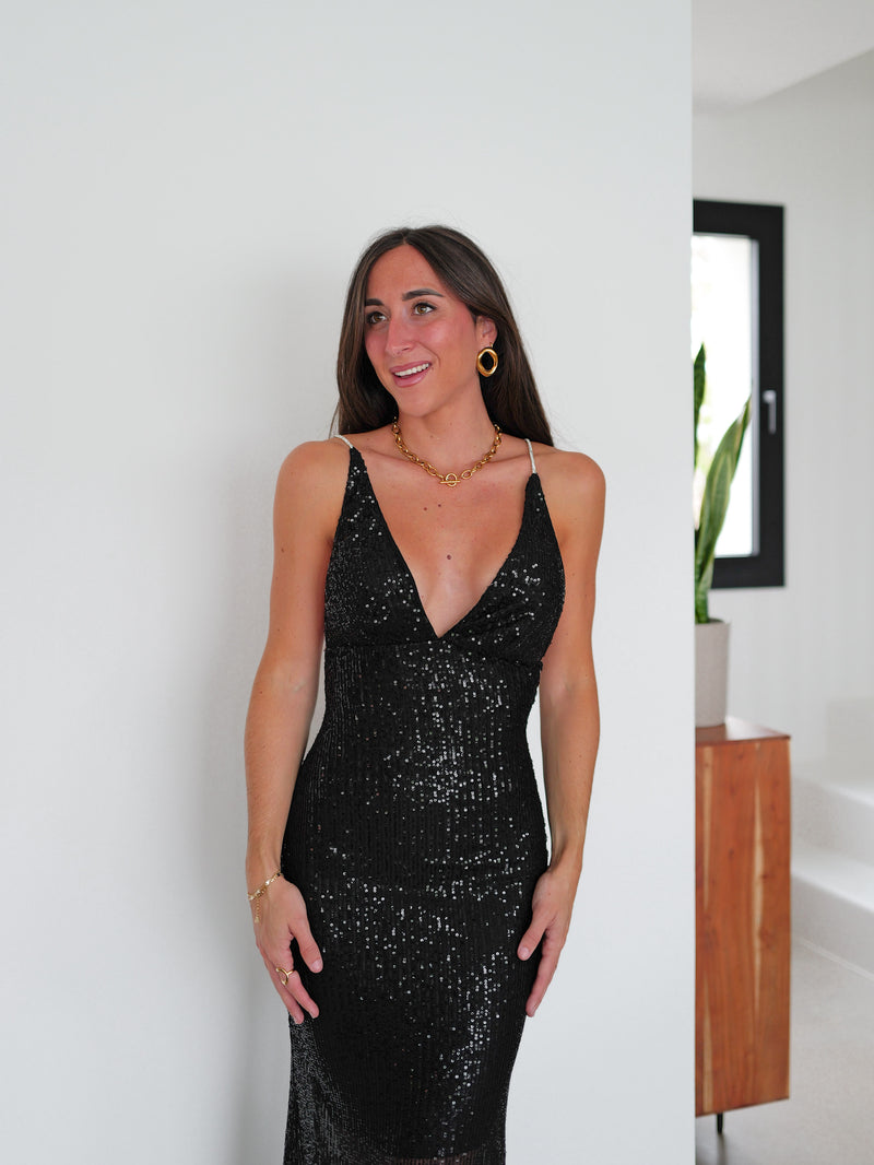 Vestido glitter largo pico negro