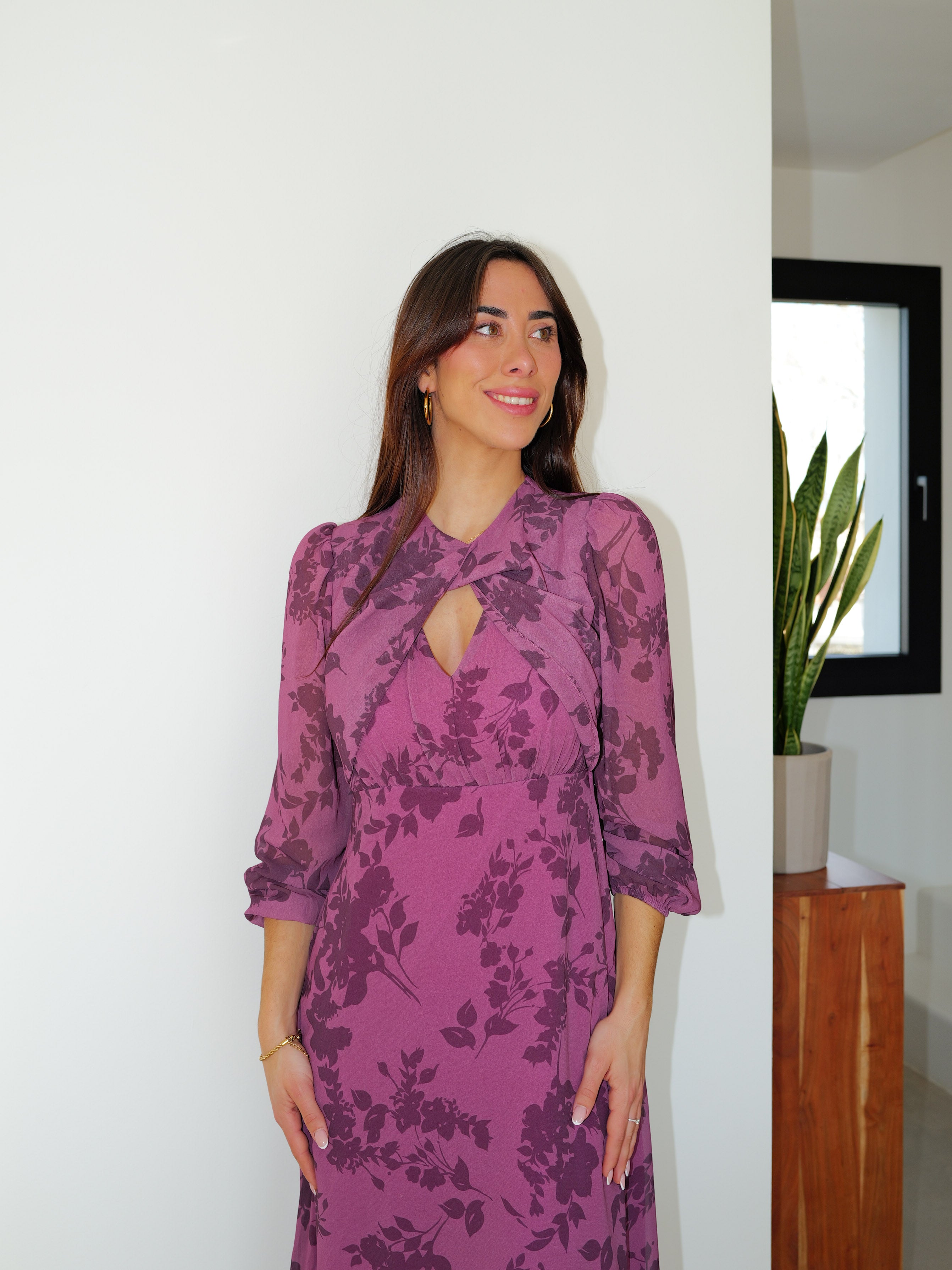 Vestido cuello nudo estampado frambuesa