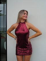 Vestido halter glitter burdeos