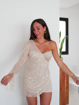 Vestido mini asim corsé glitter beige