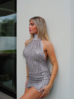 Vestido mini glitter flecos plata