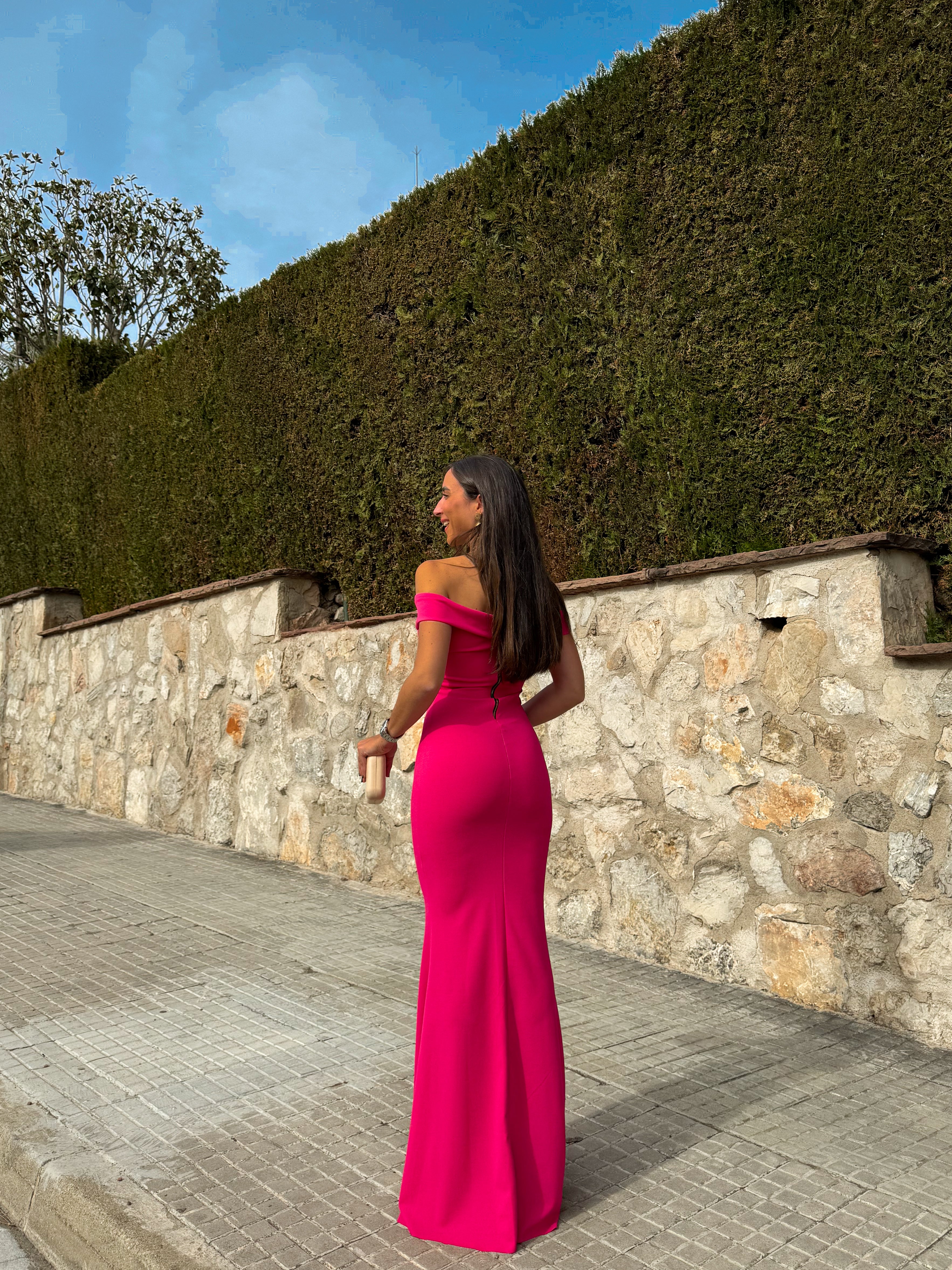 Vestido barco sirena fucsia