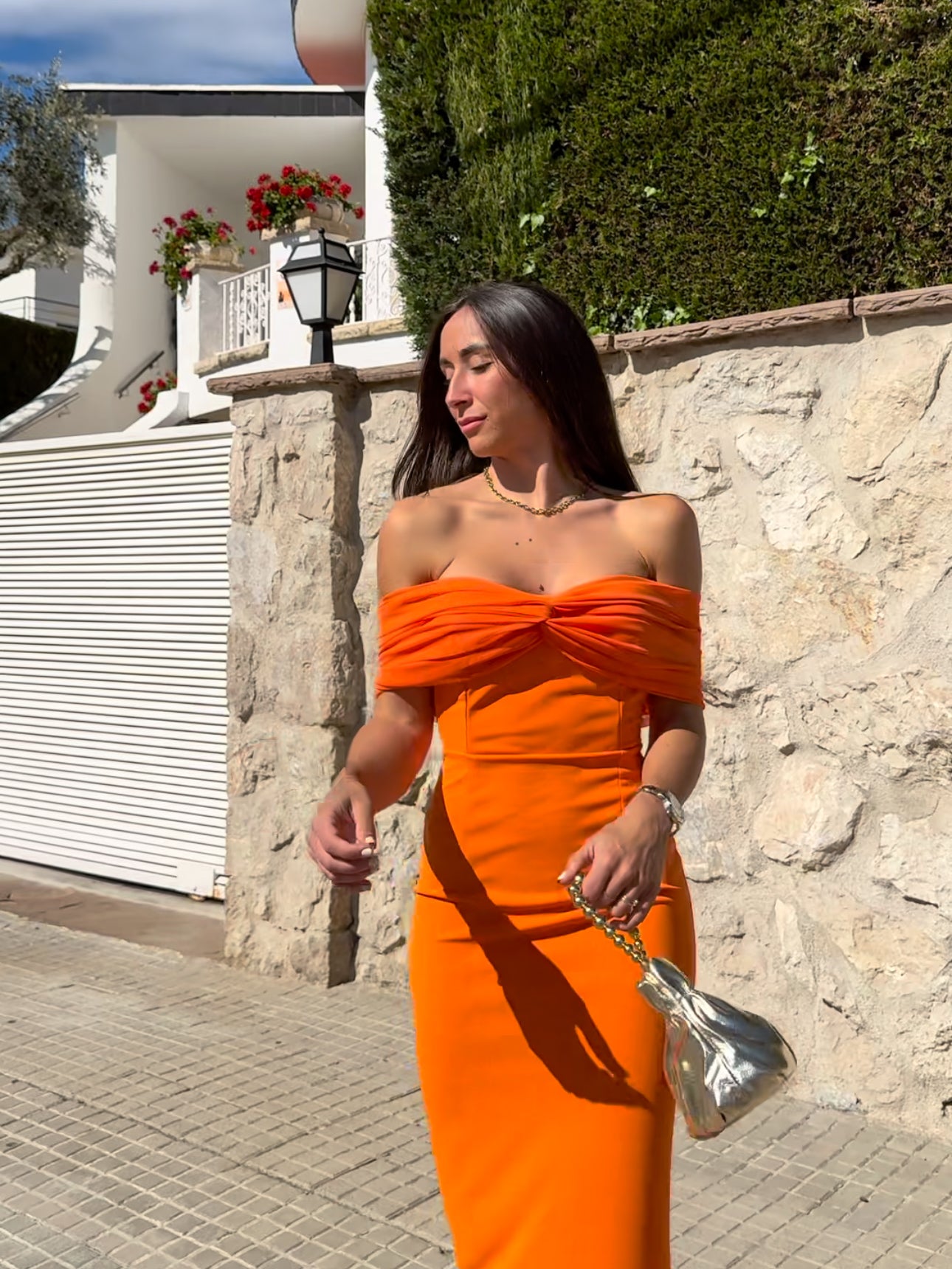 Vestido midi bardot tulle naranja