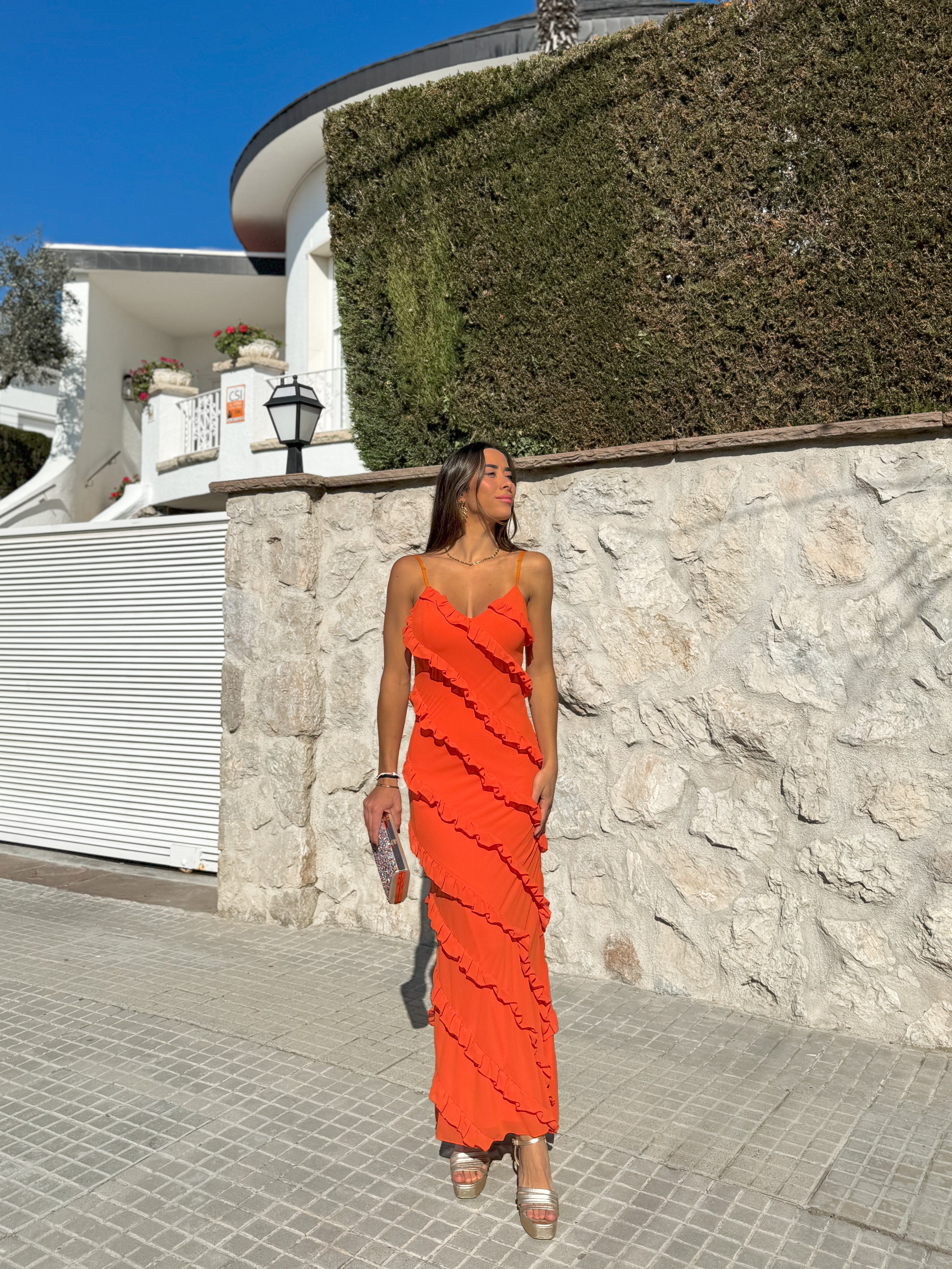 Vestido volantes crepe naranja