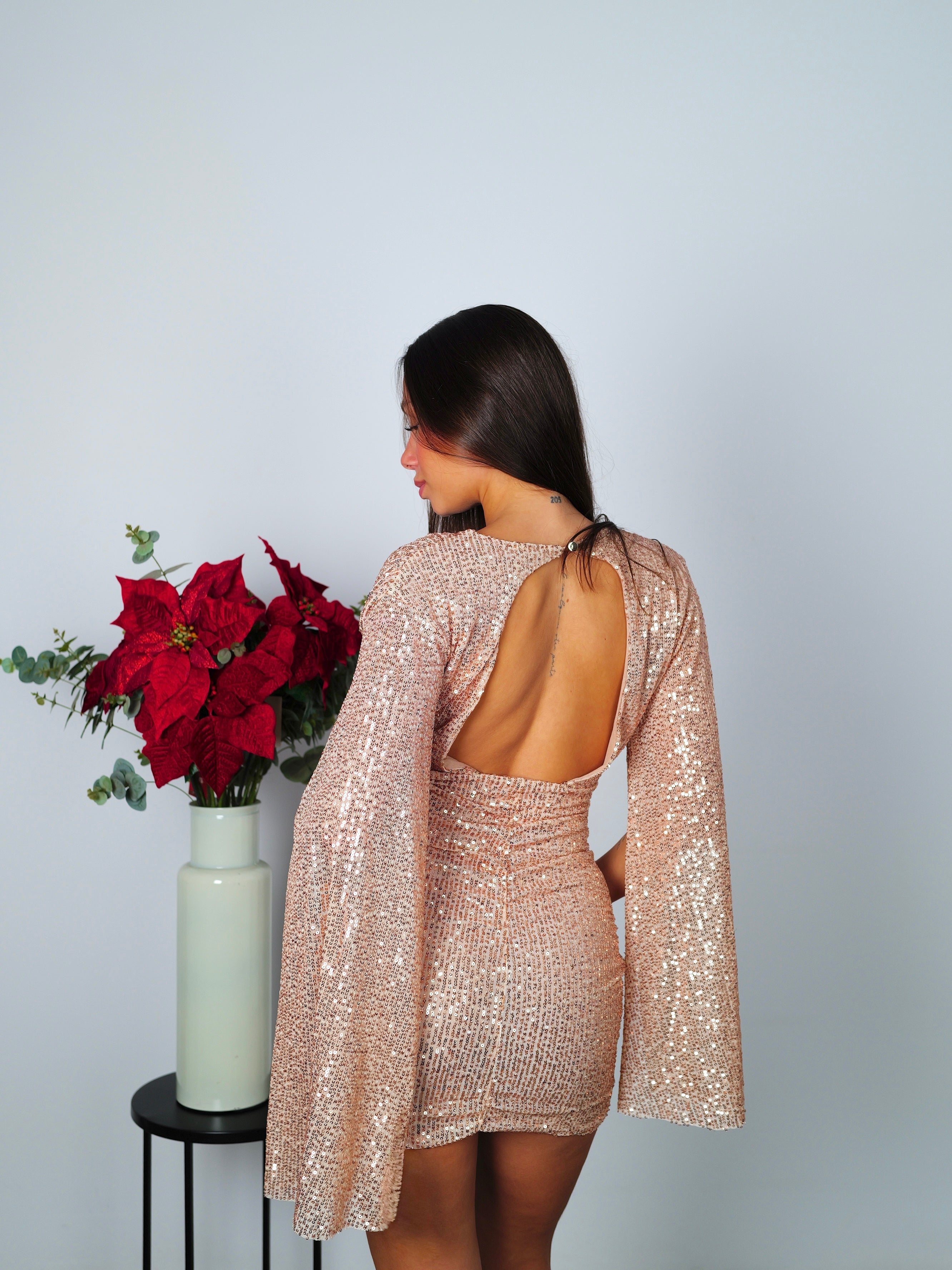 Vestido glitter mangas champán