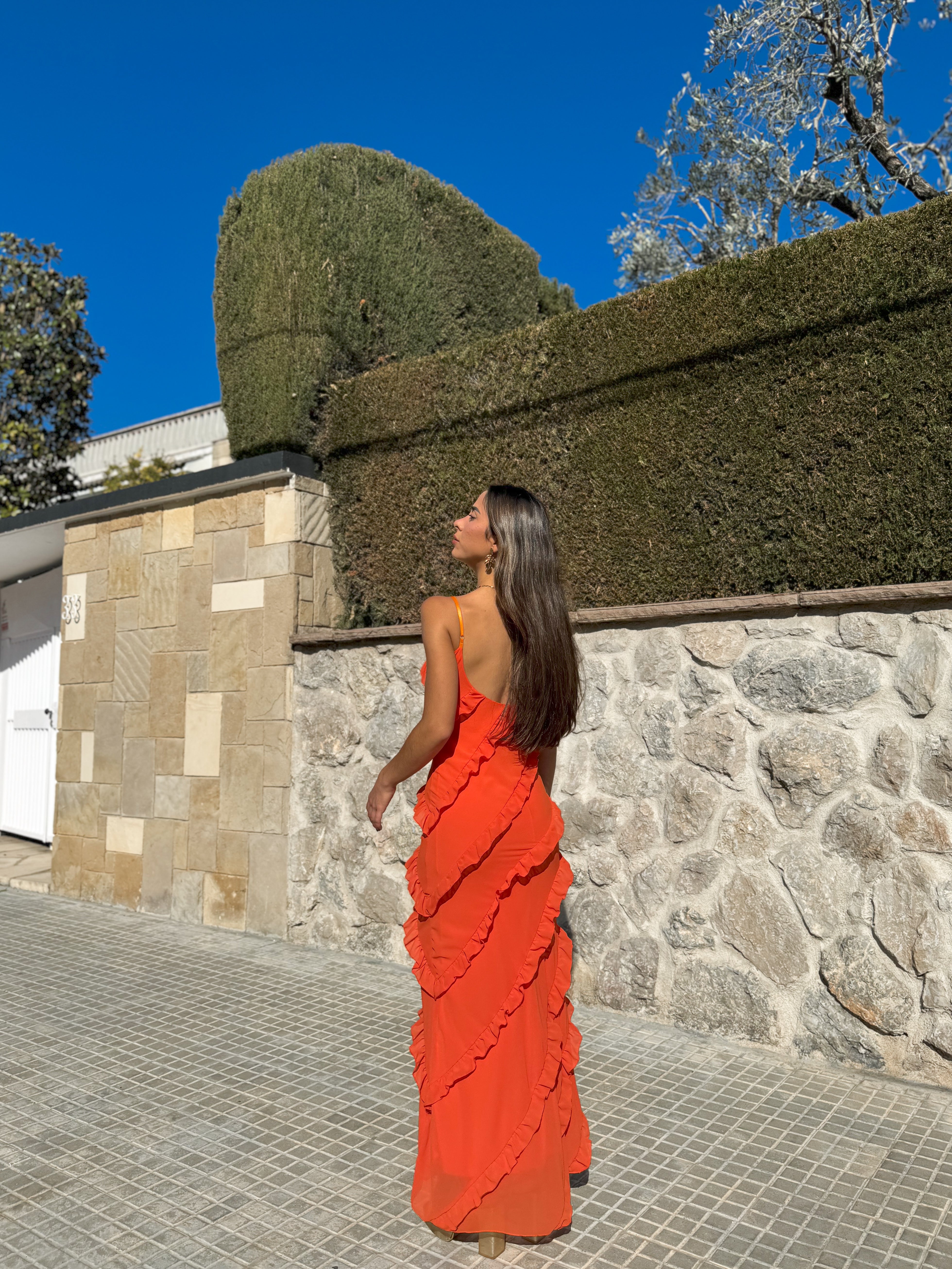 Vestido volantes crepe naranja