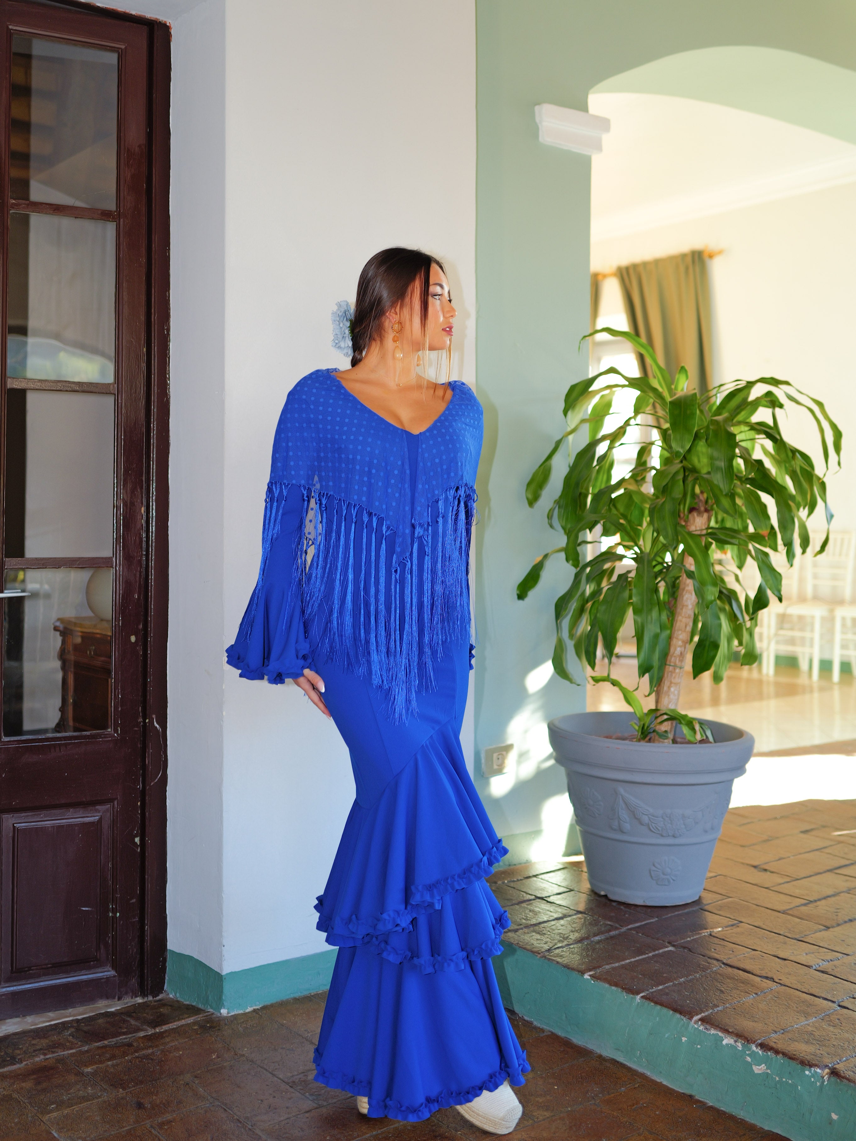 Mantón flamenca topos azul