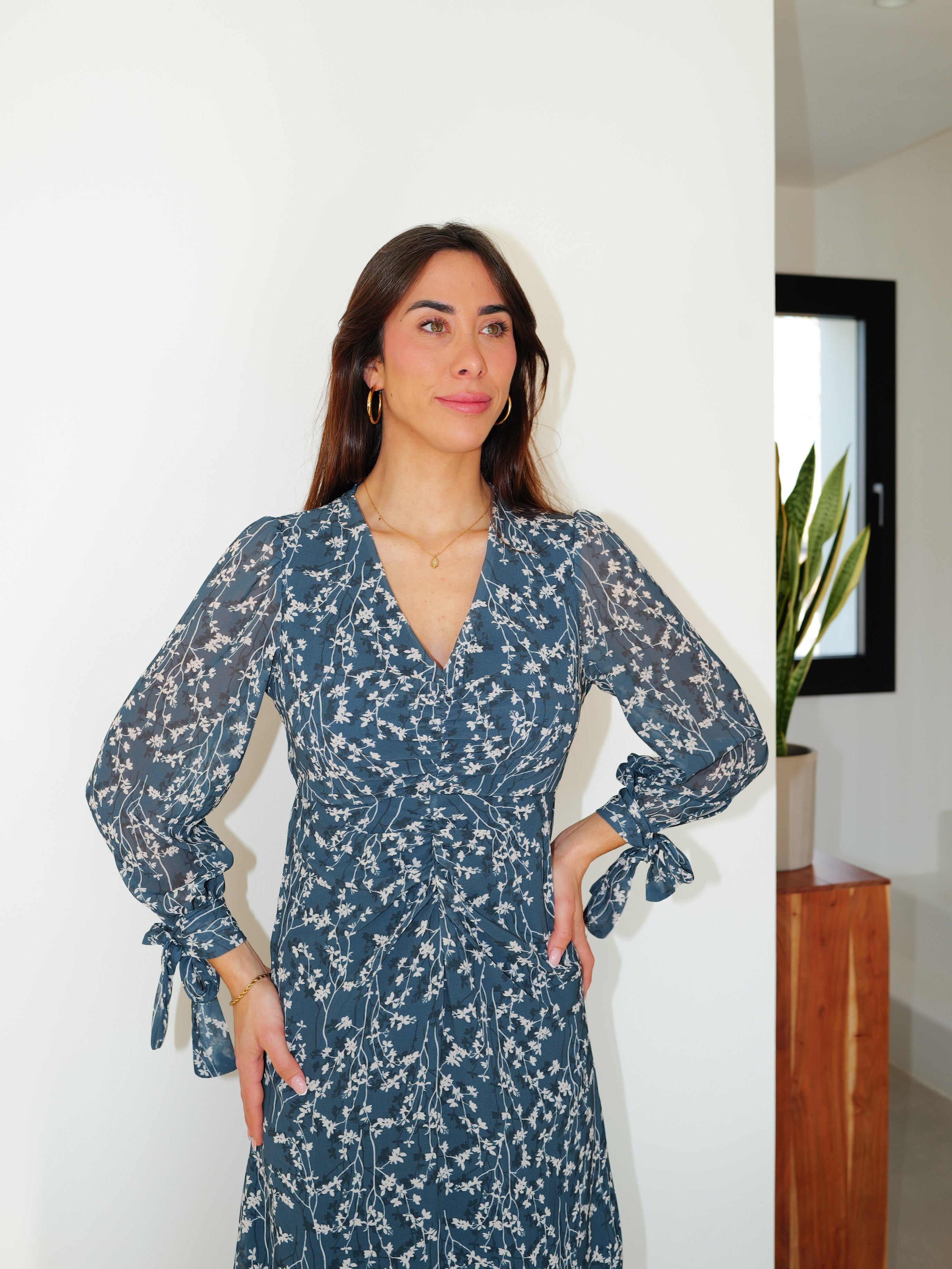 Vestido frunce estampado azul