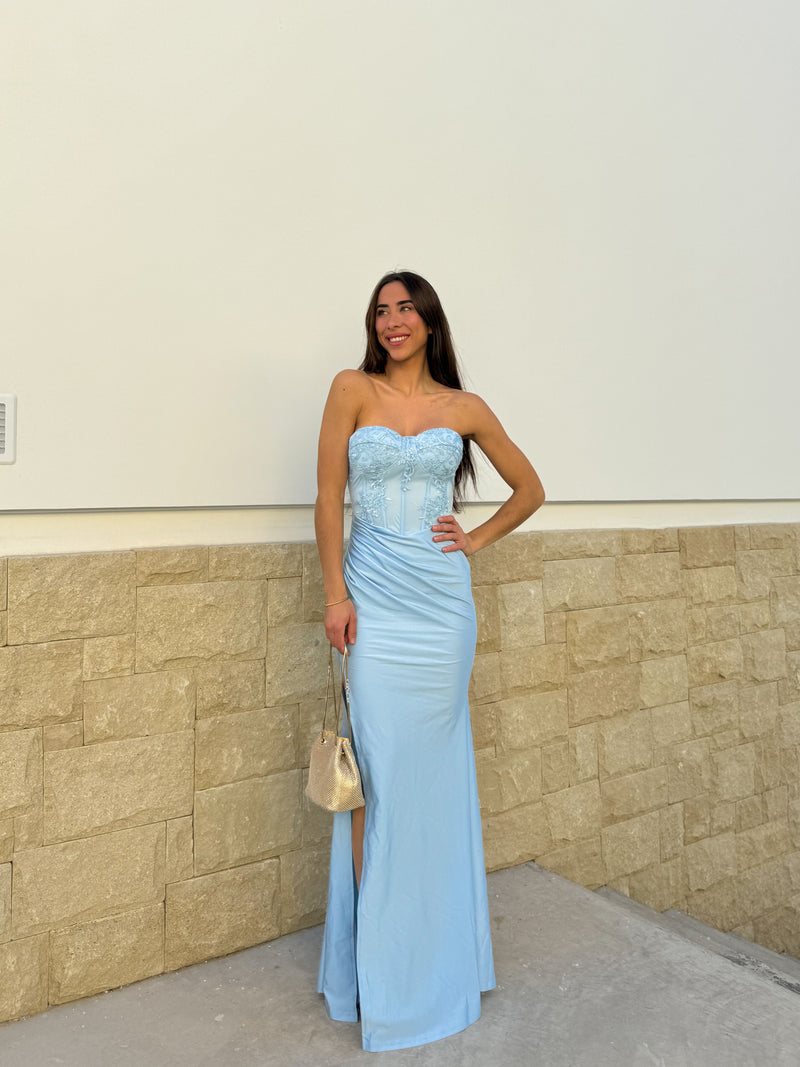 Vestido corse sirena boradado celeste