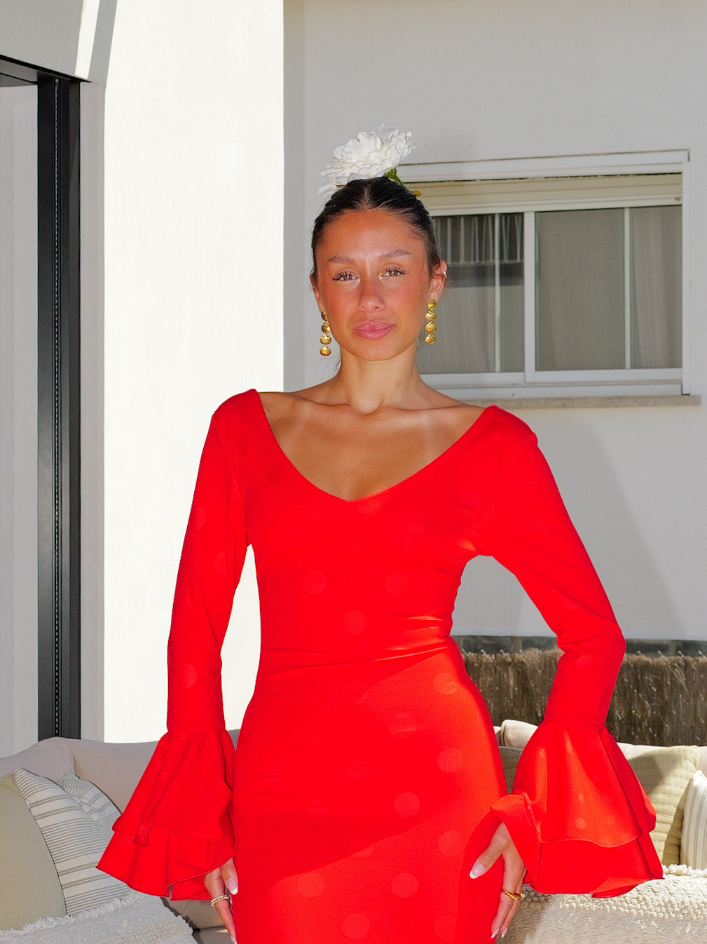 Traje flamenca volantes asimétrico lunares rojo