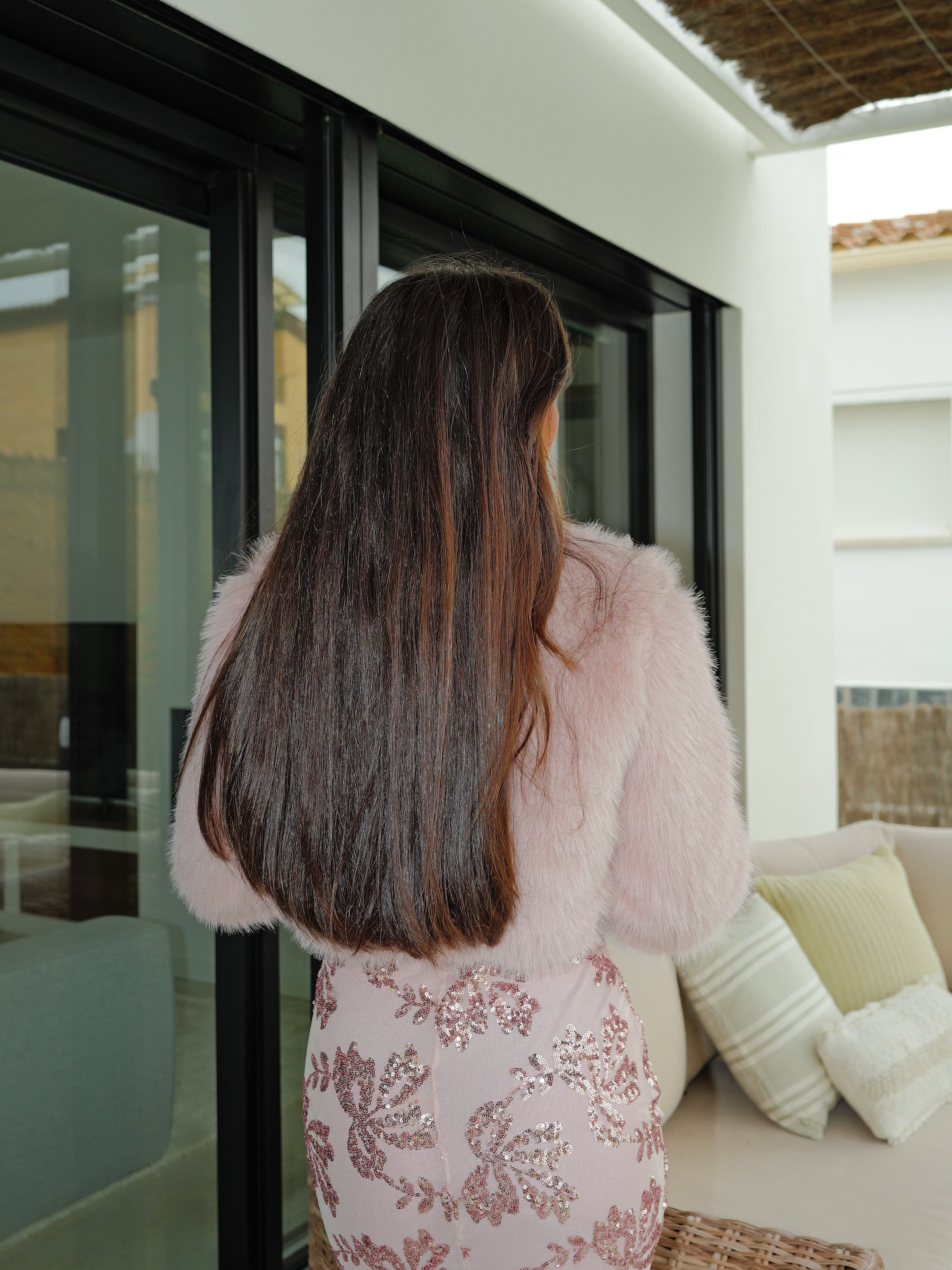 Chaqueta mini pelo rosa
