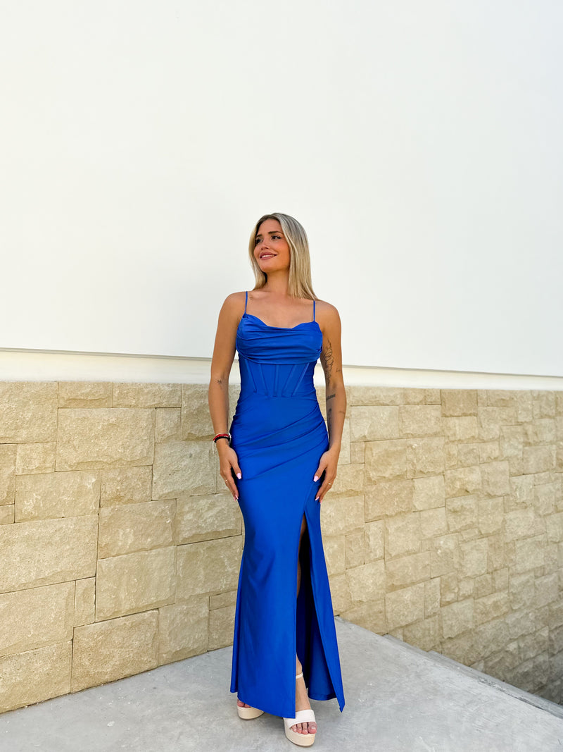 Vestido largo corse satinado azul