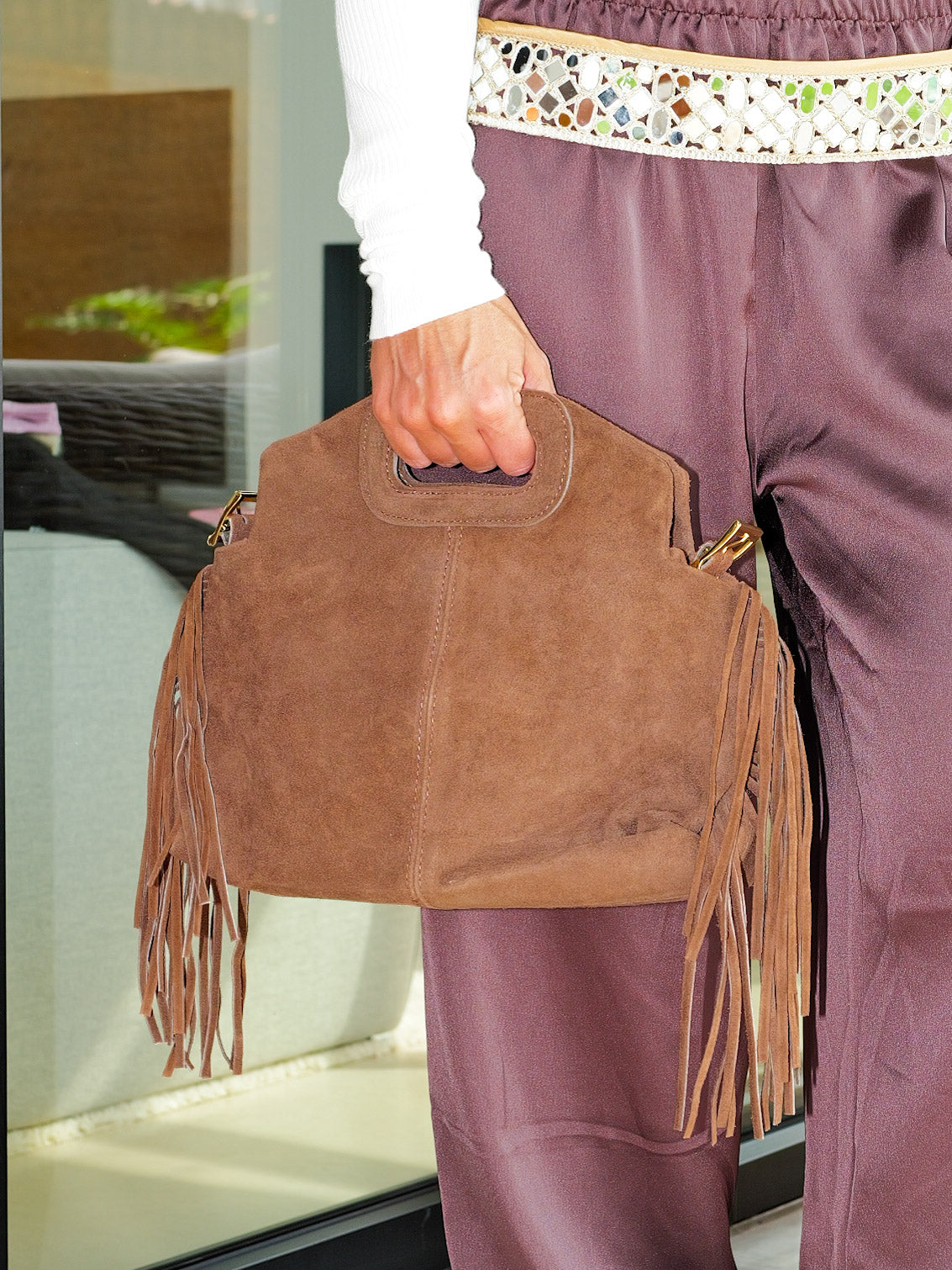 Bolso liso piel flecos chocolate