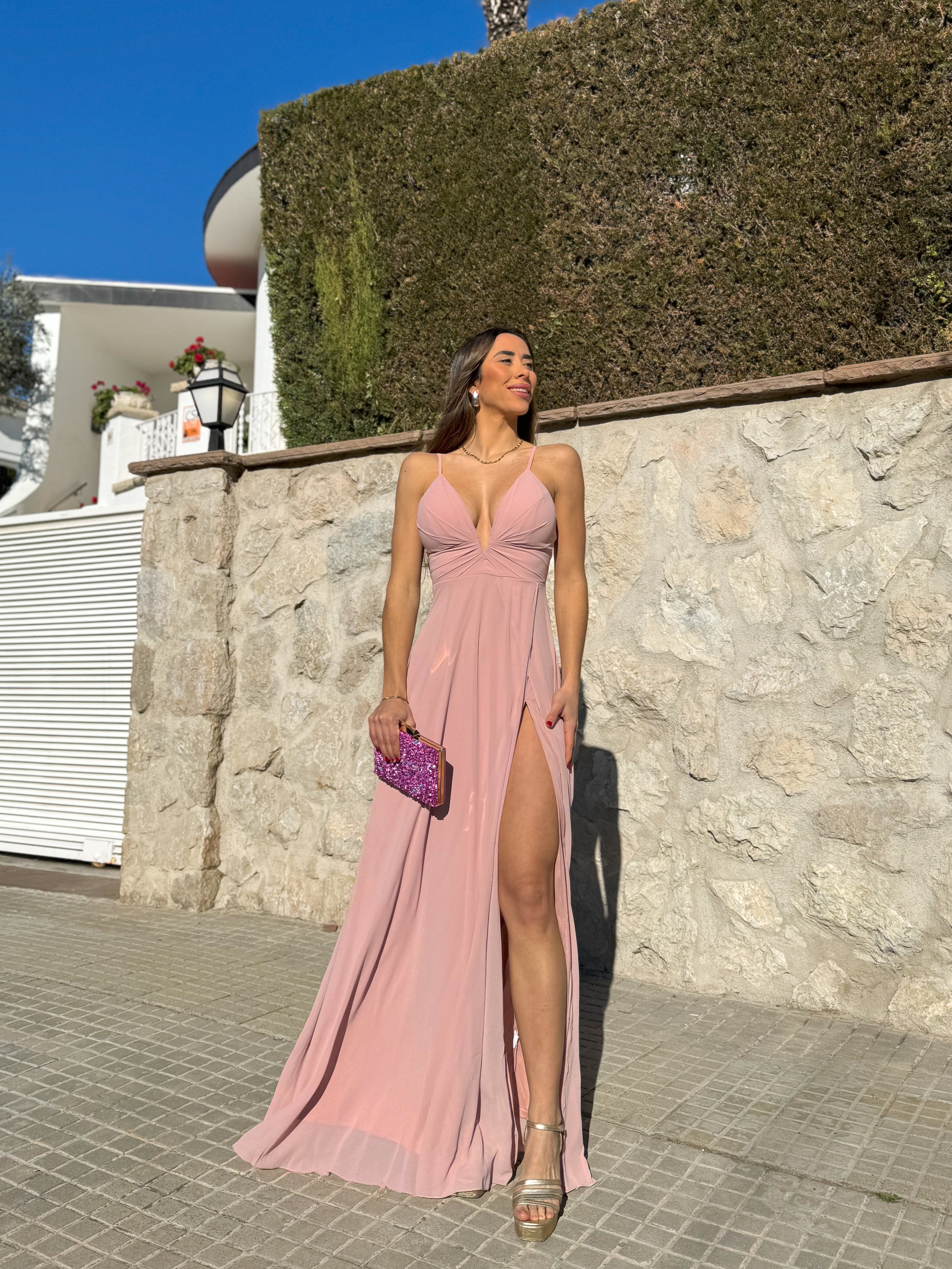 Vestido crepe pico rosado