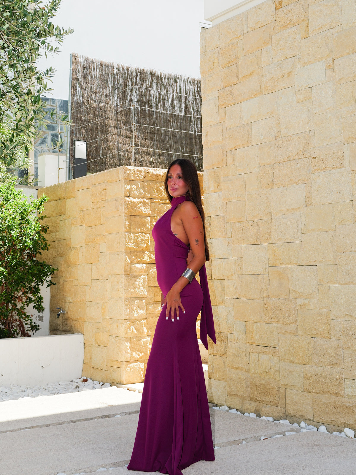 Vestido largo halter lazado amarena