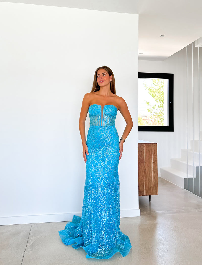 Vestido corse pedreria cola azul